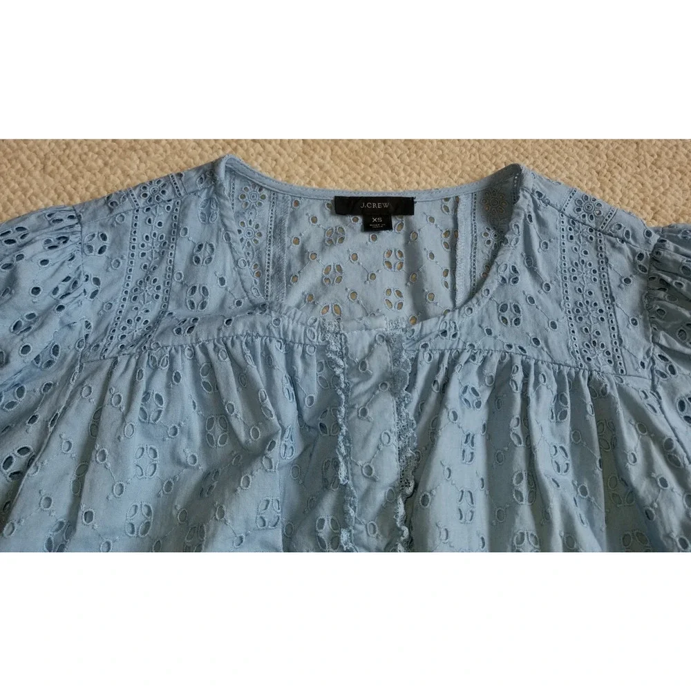 J. Crew Sky Blue Eyelet Cotton Peasant Blouse